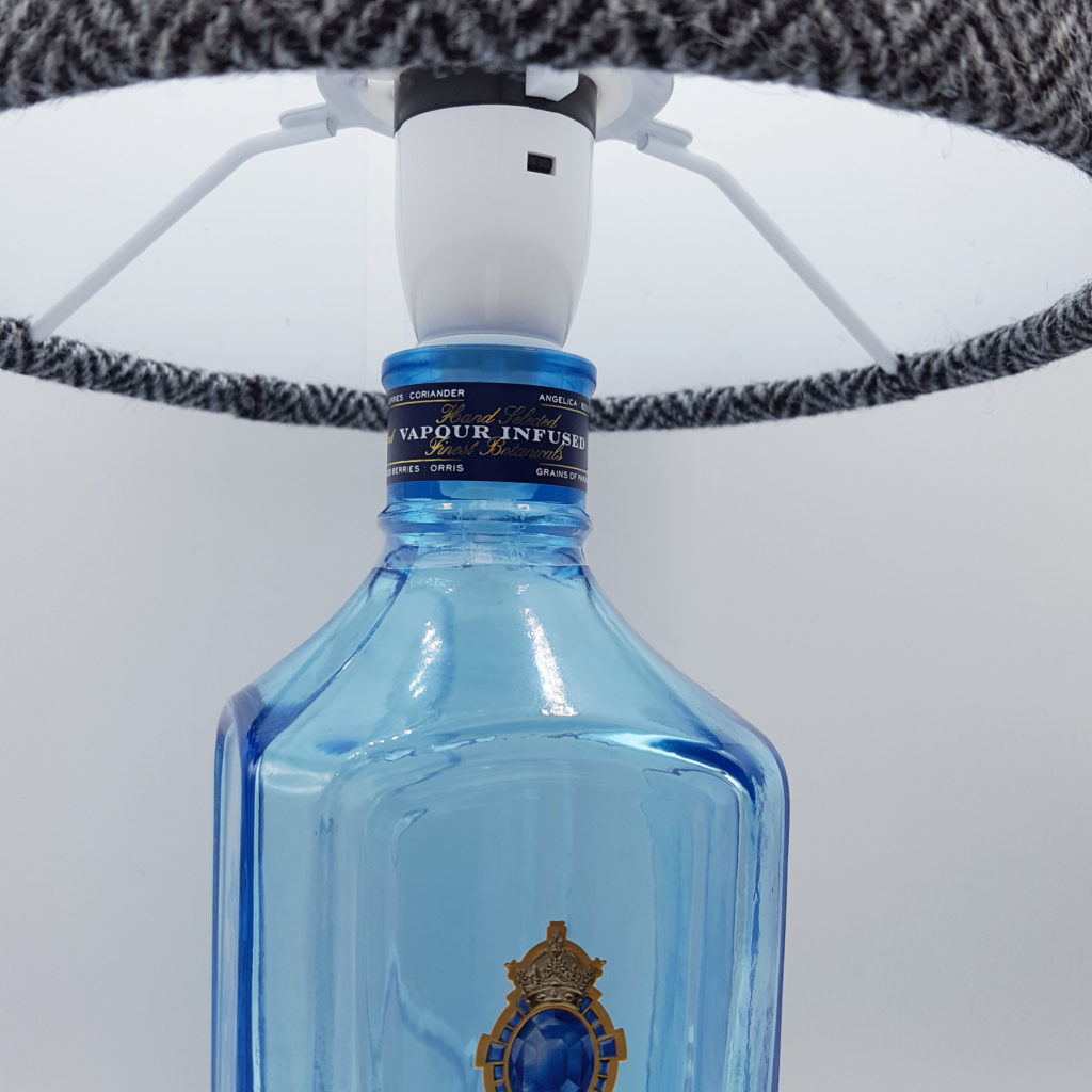 Bombay Sapphire bottle lamp with 20cm D black & white herringbone Harris Tweed lampshade