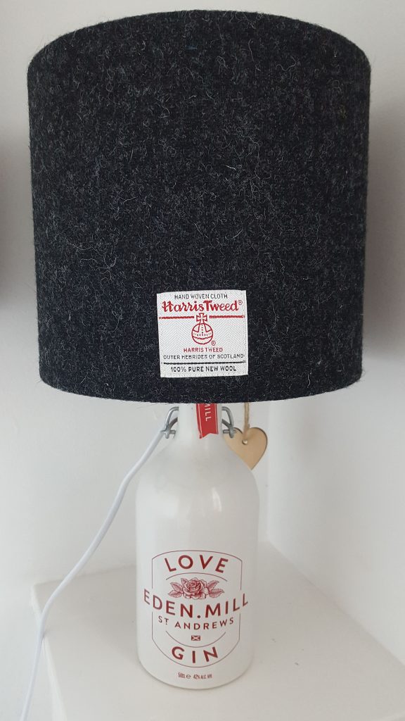 Love Gin bottle lamp with 20cm D charcoal grey Harris Tweed lampshade