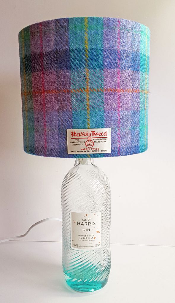 Harris Gin Bottle lamp with 20cm D Kingfisher blue & violet Harris Tweed lampshade
