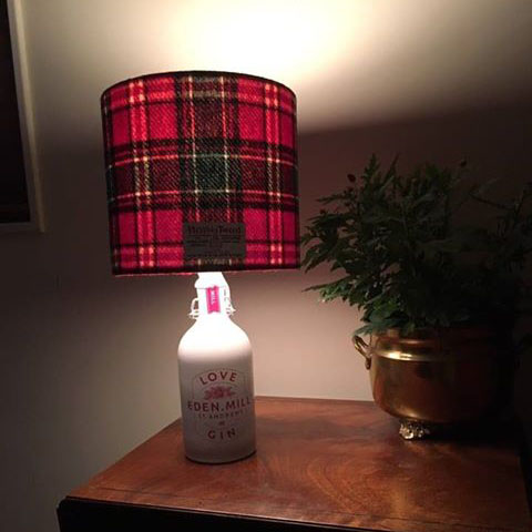 Love Gin bottle lamp with 20cm red tartan lampshade