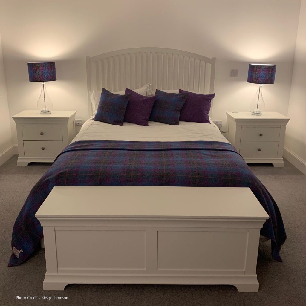Bedroom set of cushions, lampshades and throw in purple, blue & grey check Harris Tweed at home