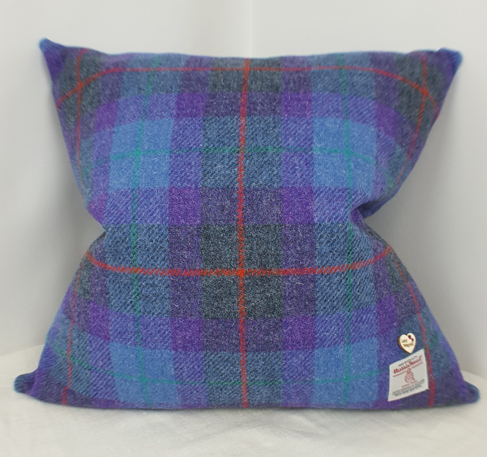 Purple, Blue and Grey Tartan with Red and Green Overcheck Harris Tweed Cushion Cover