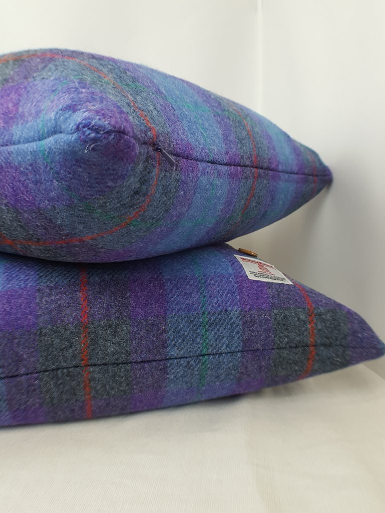 Purple, blue & grey check Harris Tweed cushions showing concealed zip