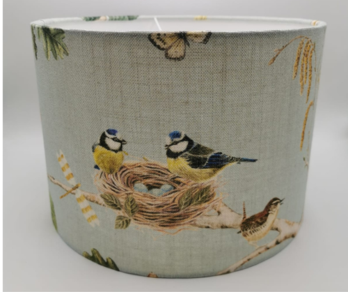 Blue linen lampshade with birds nest