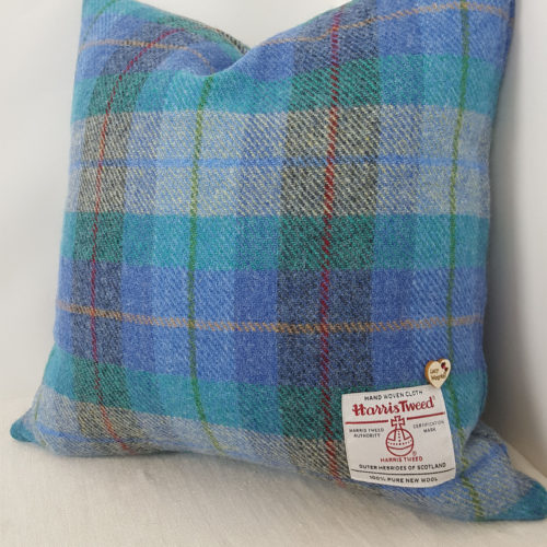 Turquose and Blue Check Harris Tweed Cushion