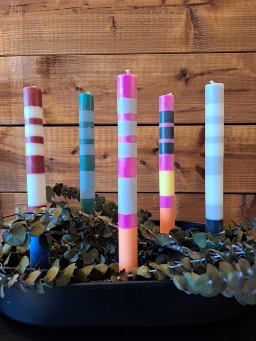 Six pack of colourful striped candles