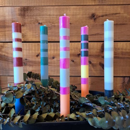 Six pack of colourful striped candles