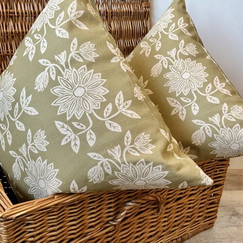 Sunflower Posy Cushions in Sage in a picnic Basket