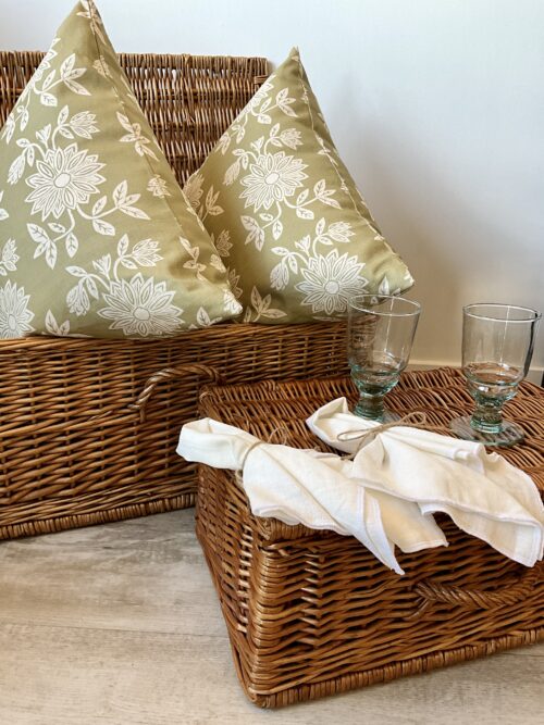 Sunflower Posy Cushions in Sage in a Picnic Basket