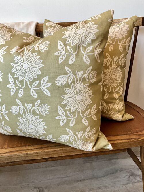 Sunflower Posy Cushions in Sage on a bench