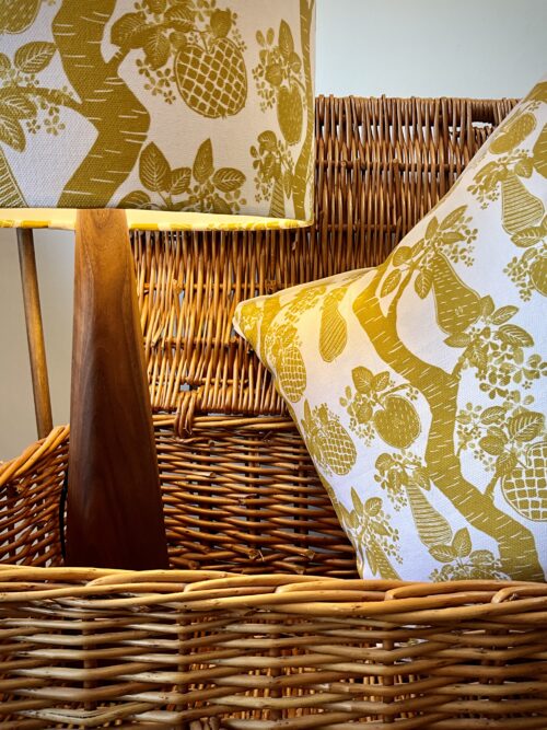 Lampshade and Cushion in Golden Yellow Orchard Fruits Collection by Lucy Wagtail Interiors