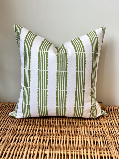 Cushion in Crisp Green Ribbon Stripe from Orchard Fruits Collection by Lucy Wagtail Interiors
