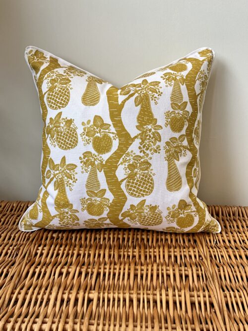 Golden Yellow Orchard Fruits Cushion with White Birder Detail by Lucy Wagtail Interiors