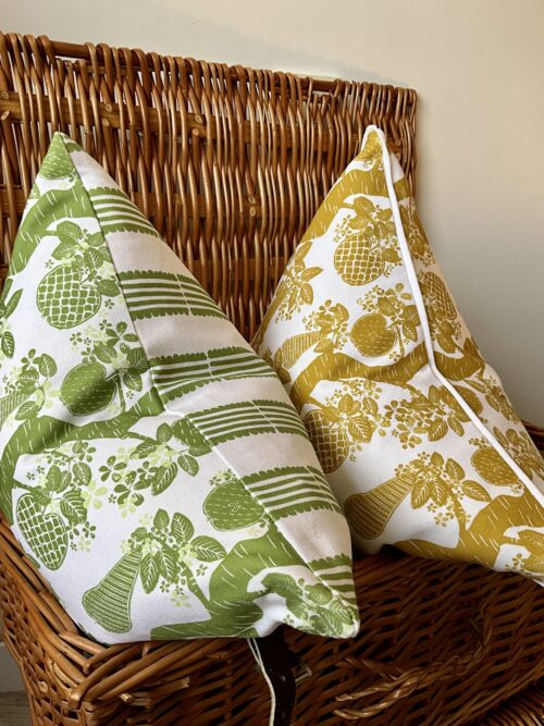 Golden Yellow and Crips Green Orchard Fruits Cushion by Lucy Wagtail Interiors
