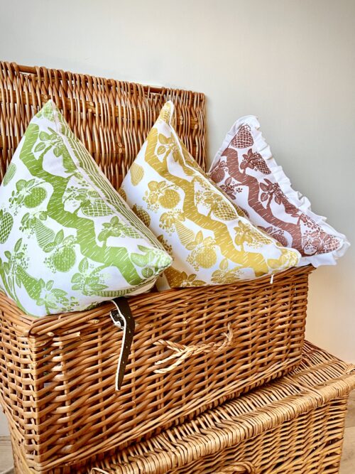 Selection of Cushions in Picnic Basket from Orchard Fruits Collection by Lucy Wagtail