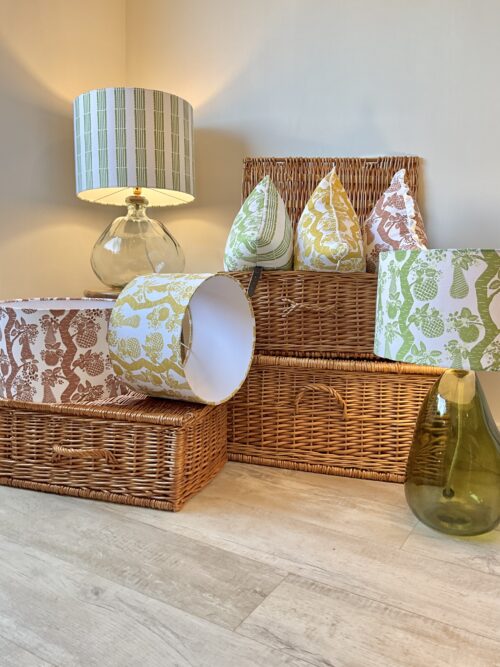 Selection of Lampshades and Cushions in Picnic Basket from Orchard Fruits Collection by Lucy Wagtail