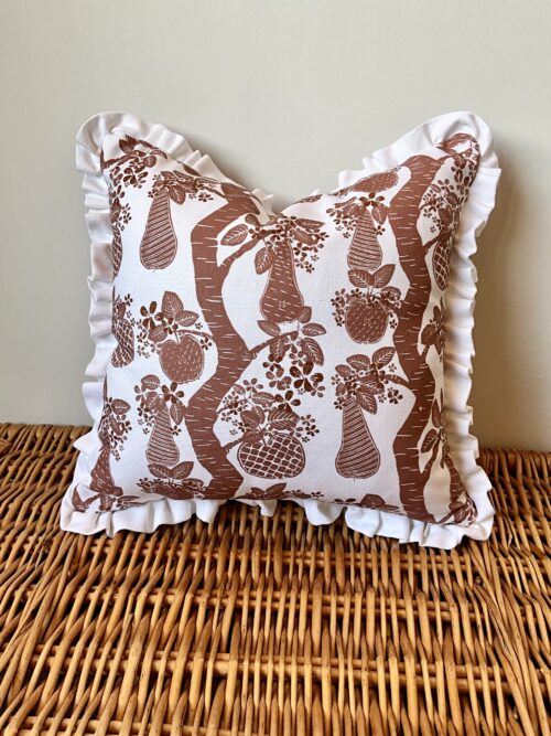 Lampshade and Cushion in Russet with White Frill Detail from Orchard Fruits Collection by Lucy Wagtail Interiors