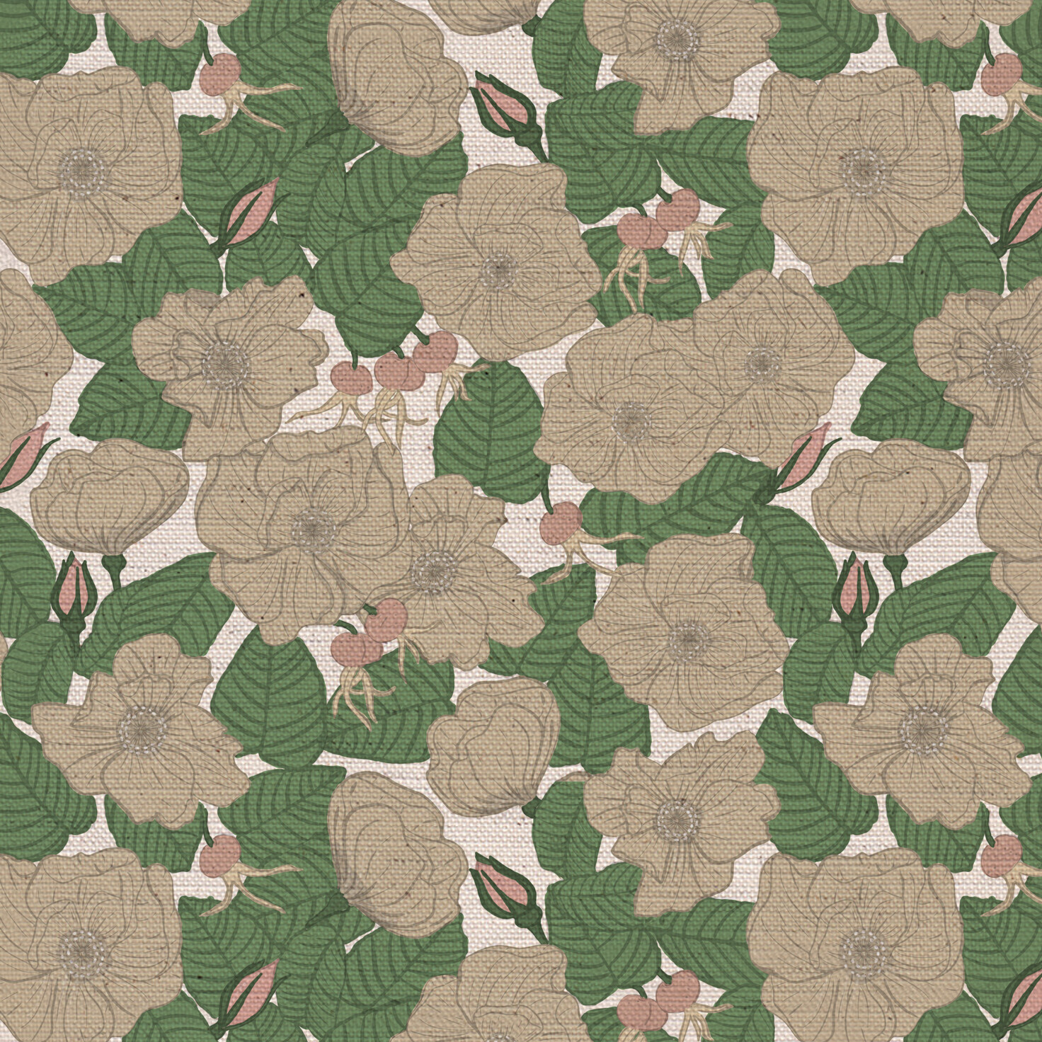 Petite Rose Garden Fabric in Peace on Natural Background