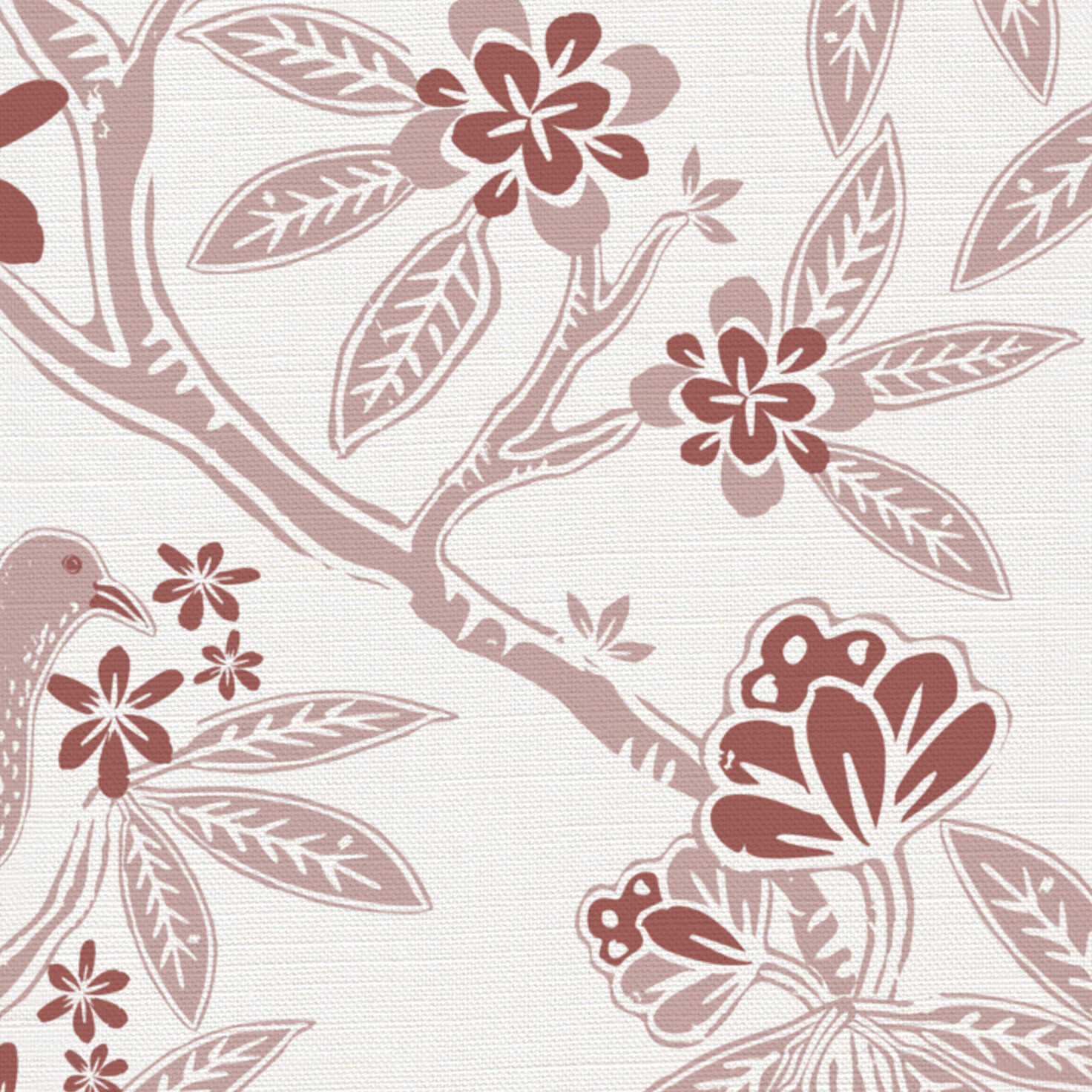 Birds & Bloom Fabric in Pink on a White Background