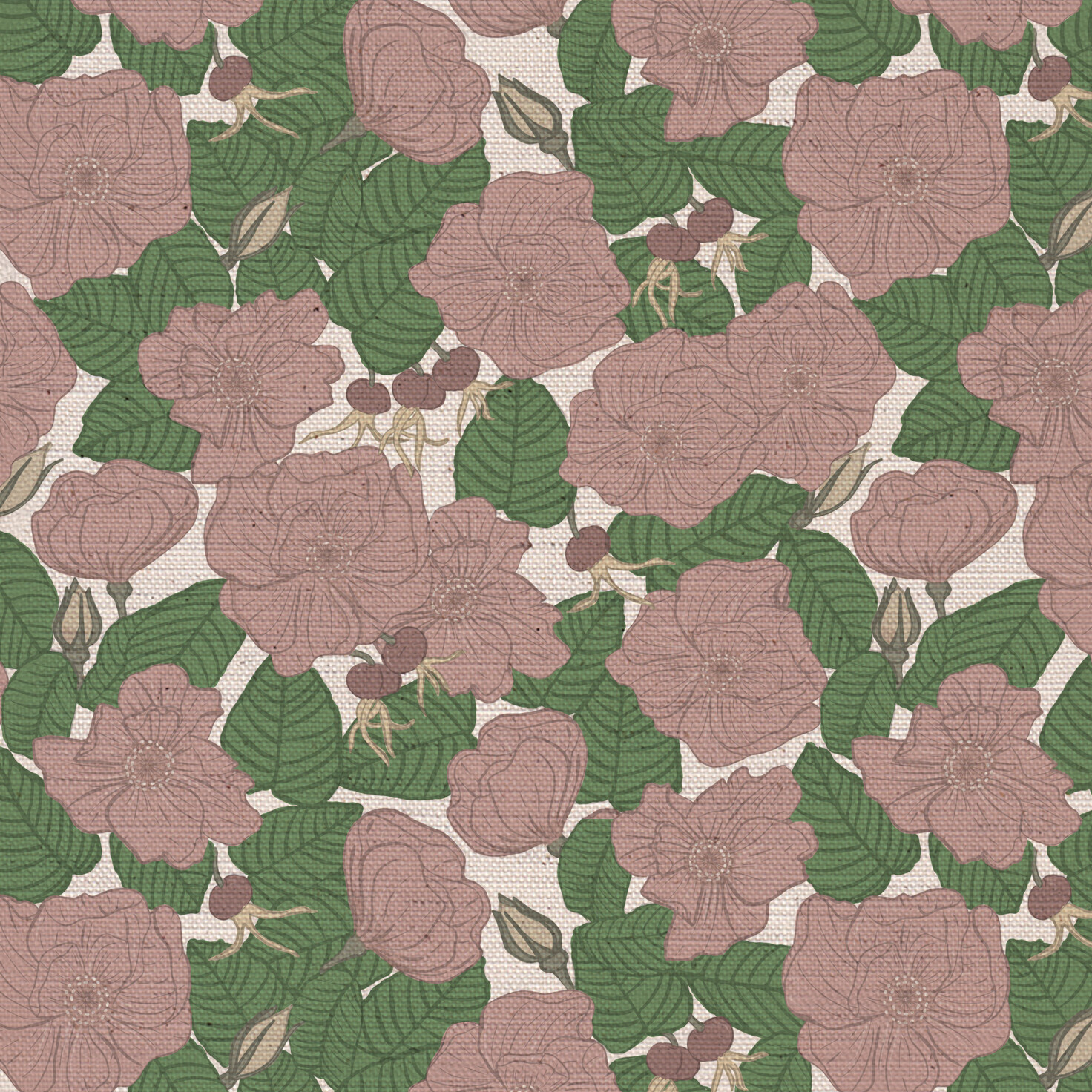 Petite Rose Garden Fabric in Pink on Natural Background