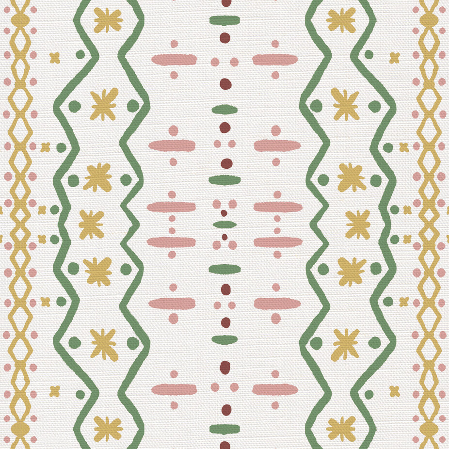 Melody Fabric in Green, Pink and Yellow on a White Background